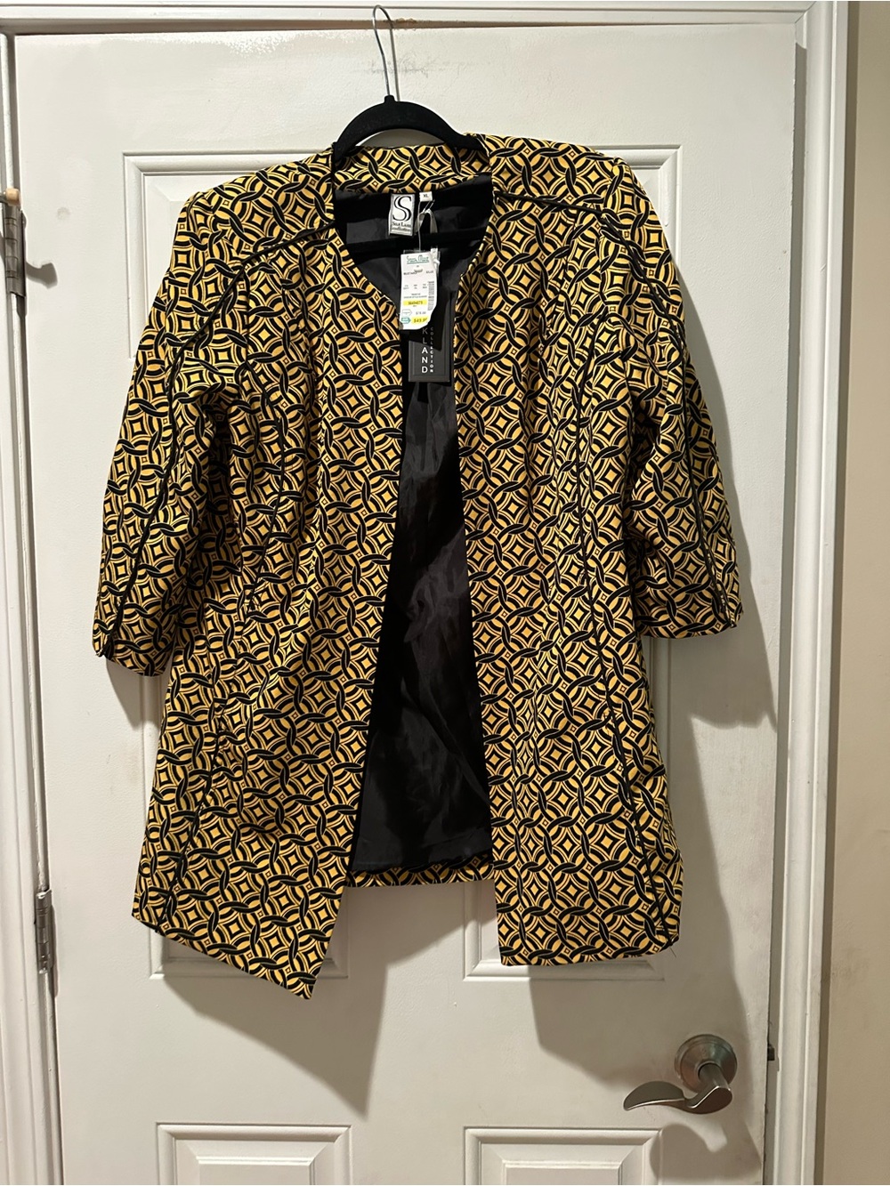 SilkLand Yellow & Black Geometric Open-Front Blazer Jacket